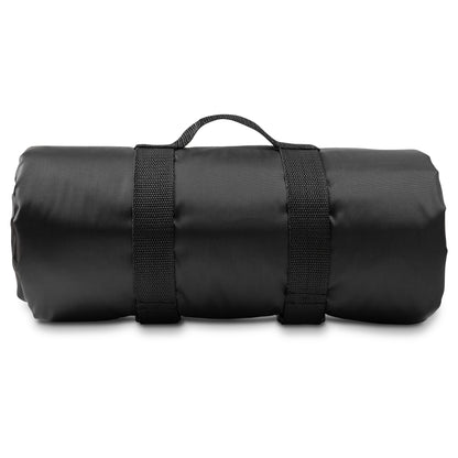A rolled-up black sleeping bag with plush fleece top, secured with two black straps and a carrying handle on top, set against a plain white background.