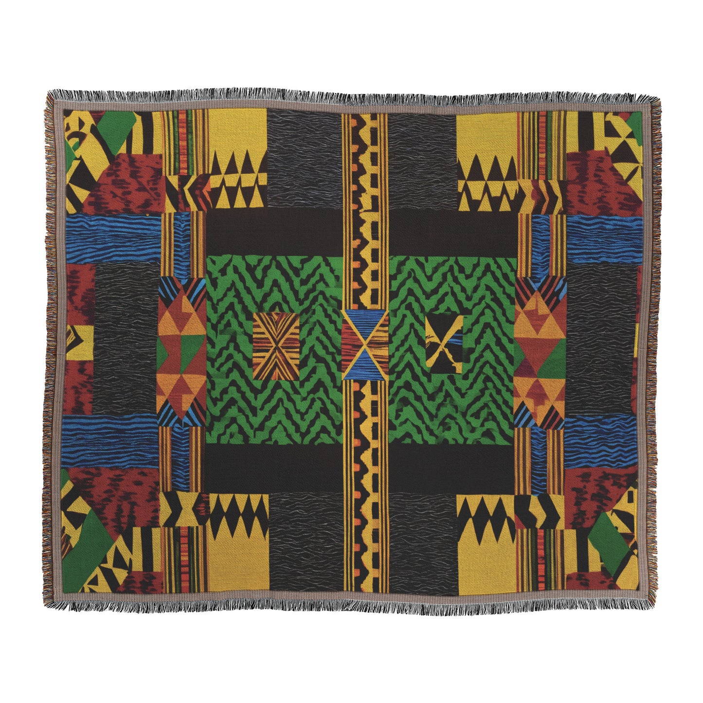 A rectangular cozy woven blanket features geometric patterns in green, red, yellow, blue, and black. The design includes zigzags, stripes, triangles, and rectangles with a symmetrical layout and fringed edges for a bold and intricate look.