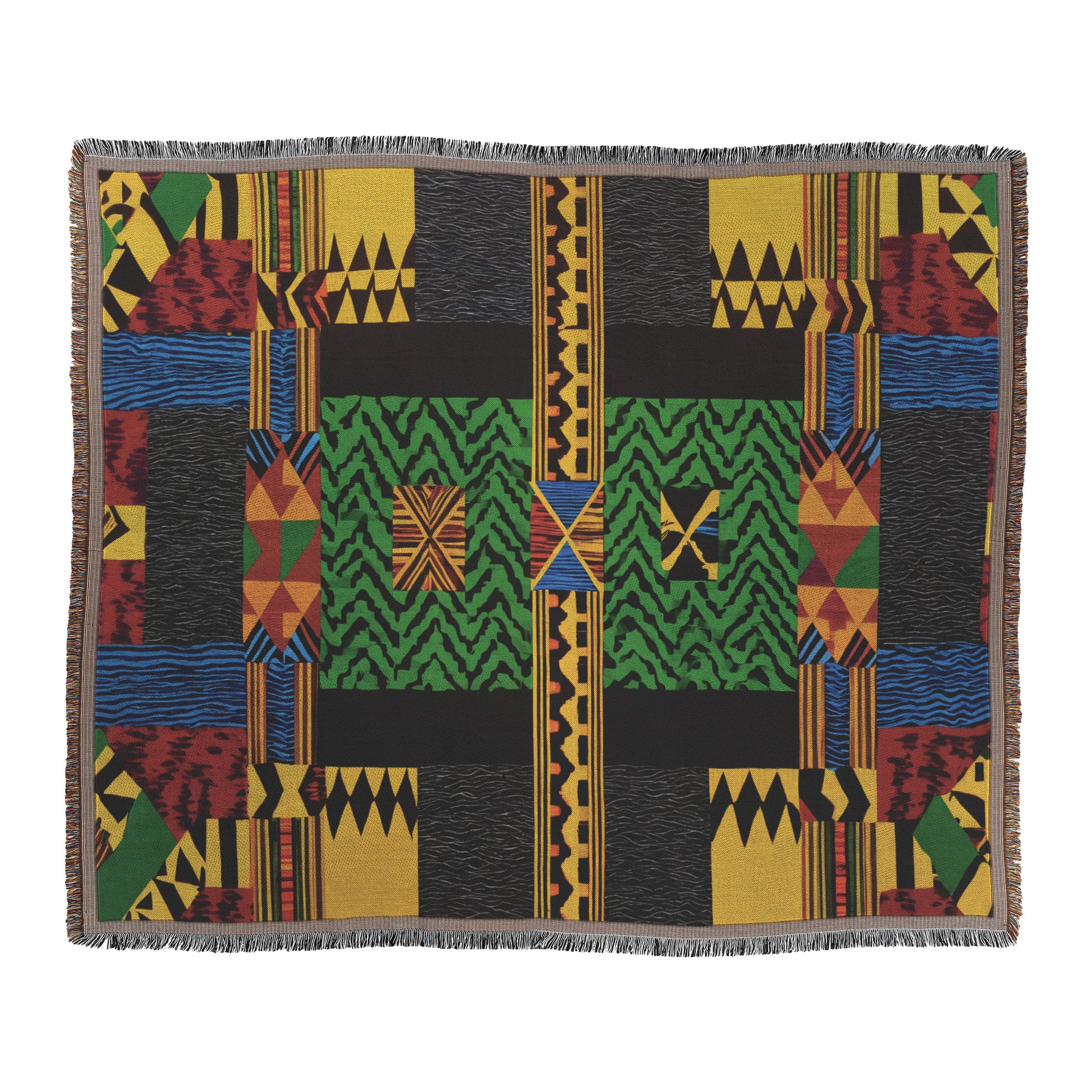 A rectangular cozy woven blanket features geometric patterns in green, red, yellow, blue, and black. The design includes zigzags, stripes, triangles, and rectangles with a symmetrical layout and fringed edges for a bold and intricate look.