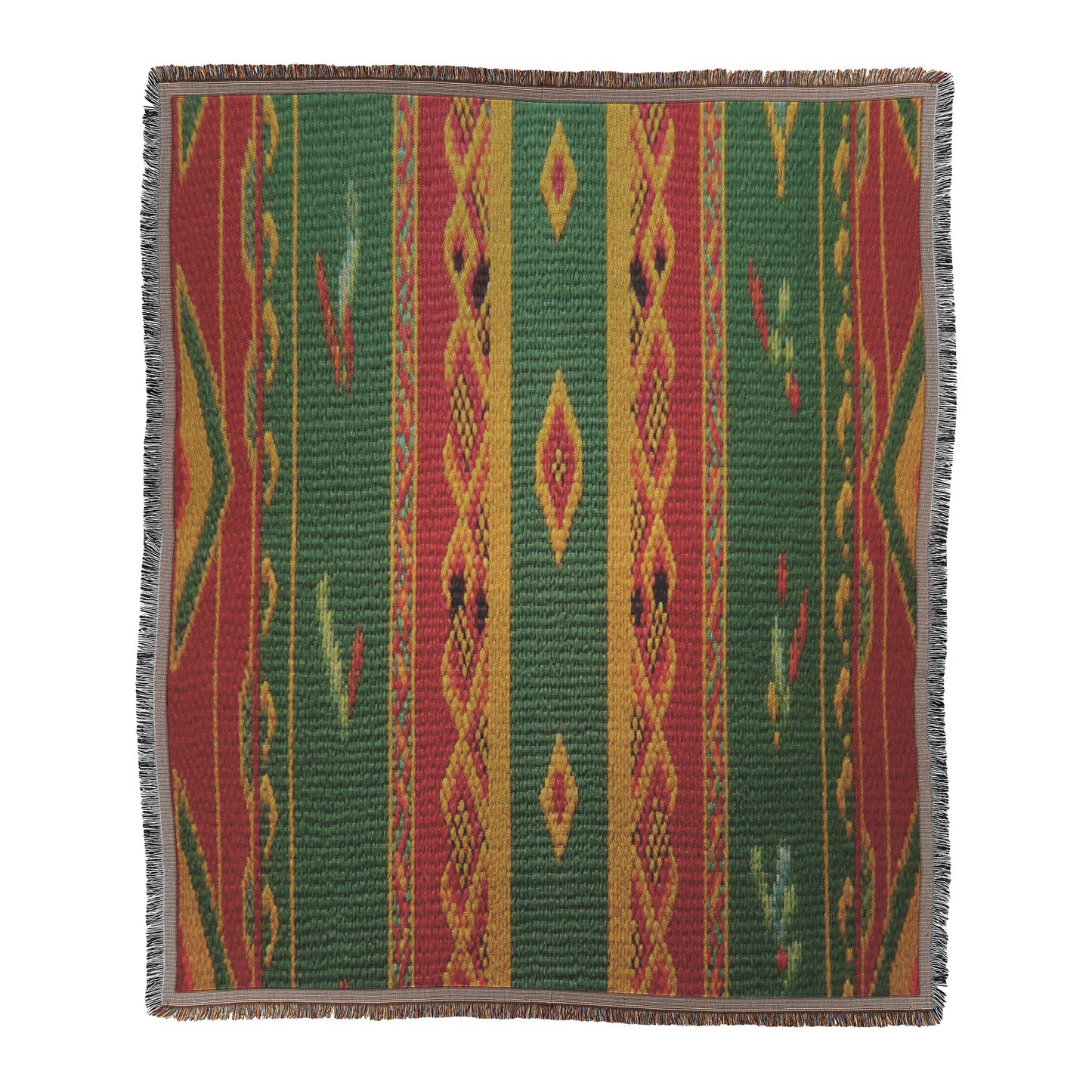 An African-inspired rectangular woven textile featuring vertical stripes in green, red, and yellow with diamond and zigzag geometric patterns. The blanket showcases multicolored designs and a fringed edge in black and white.