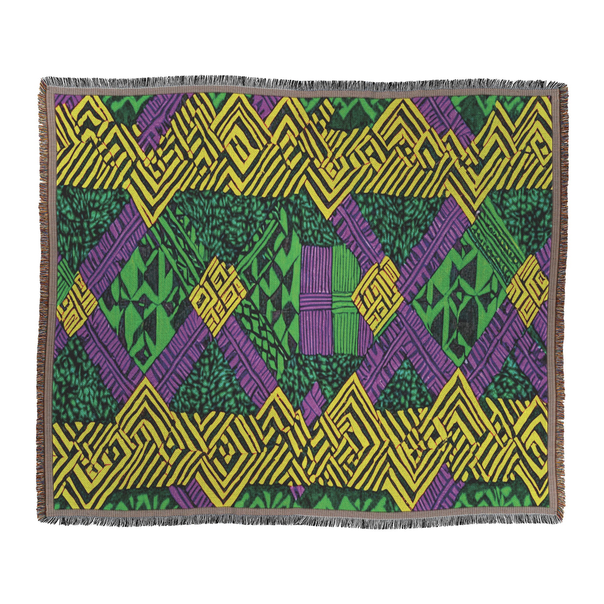 A rectangular woven blanket with intricate geometric patterns in green, yellow, and purple. Inspired by West African print, the design features interlocking zigzags, rectangles, and diamonds with fringed edges for a bold and vibrant visual effect.