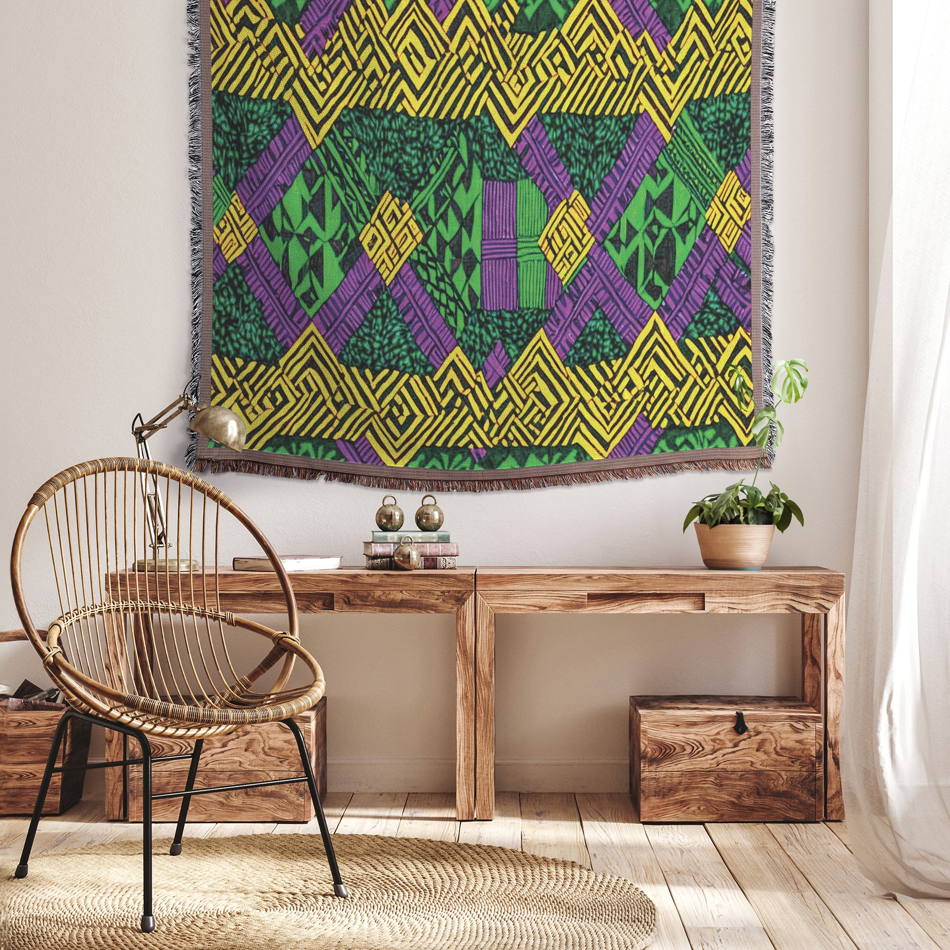 A cozy room with a woven rattan chair on a round rug, next to a wooden bench adorned with books and decor. A vibrant throw blanket adds color, while above, a geometric tapestry in green, yellow, and purple brightens the softly lit space.