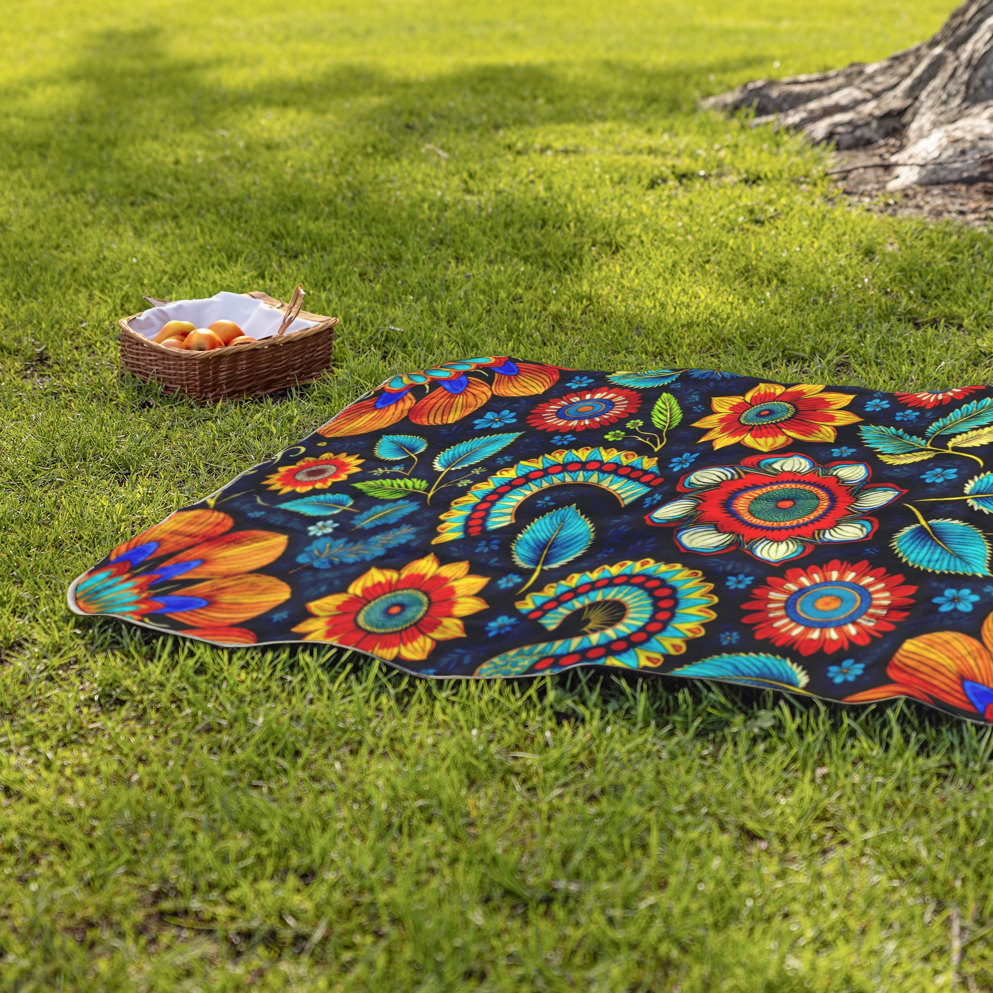 A colorful blanket with vibrant, African-inspired patterns lies on green grass near a tree. Beside it, a wicker basket holds peaches with a checked cloth lining. The scene is bright and summery, suggesting a picnic in a sunny park.