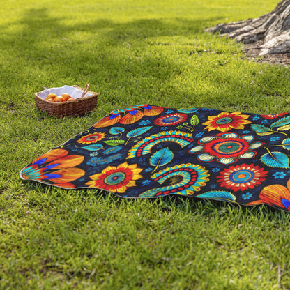 A colorful blanket with vibrant, African-inspired patterns lies on green grass near a tree. Beside it, a wicker basket holds peaches with a checked cloth lining. The scene is bright and summery, suggesting a picnic in a sunny park.