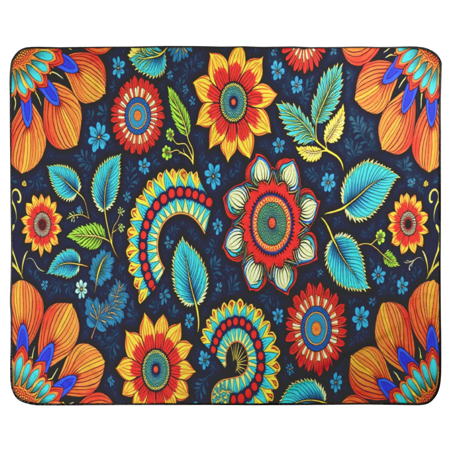 A rectangular mat with a vibrant floral pattern and African-inspired patterns. Large orange, red, and yellow flowers with blue-green leaves are set against navy, creating a colorful, symmetrical, and ornate look.