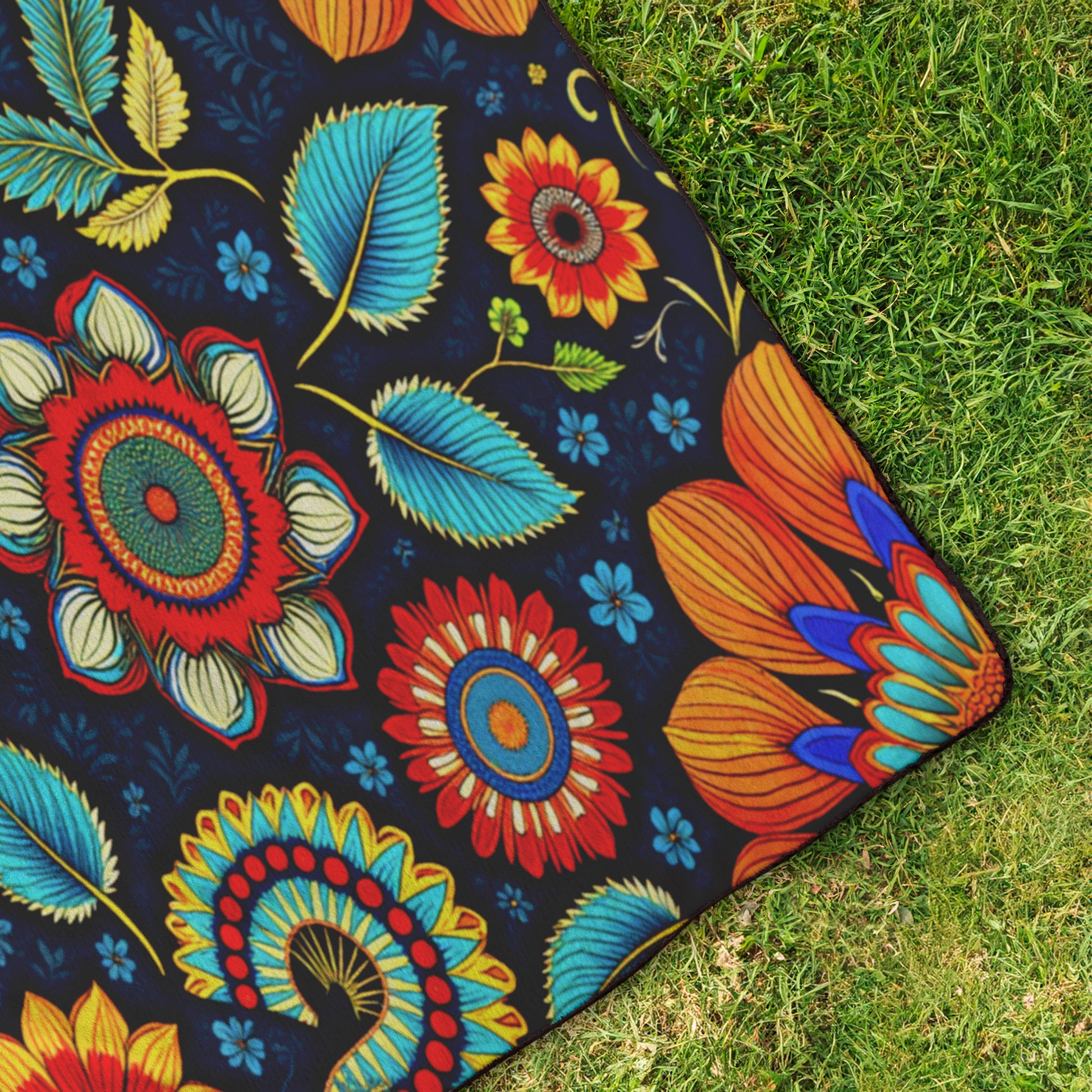 A colorful mat with bold, vibrant floral and leaf patterns in red, blue, yellow, and green on a black background lies on green grass—a water-resistant stadium blanket with African-inspired patterns peeking from its plush fleece top.