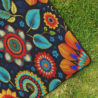 A colorful mat with bold, vibrant floral and leaf patterns in red, blue, yellow, and green on a black background lies on green grass—a water-resistant stadium blanket with African-inspired patterns peeking from its plush fleece top.