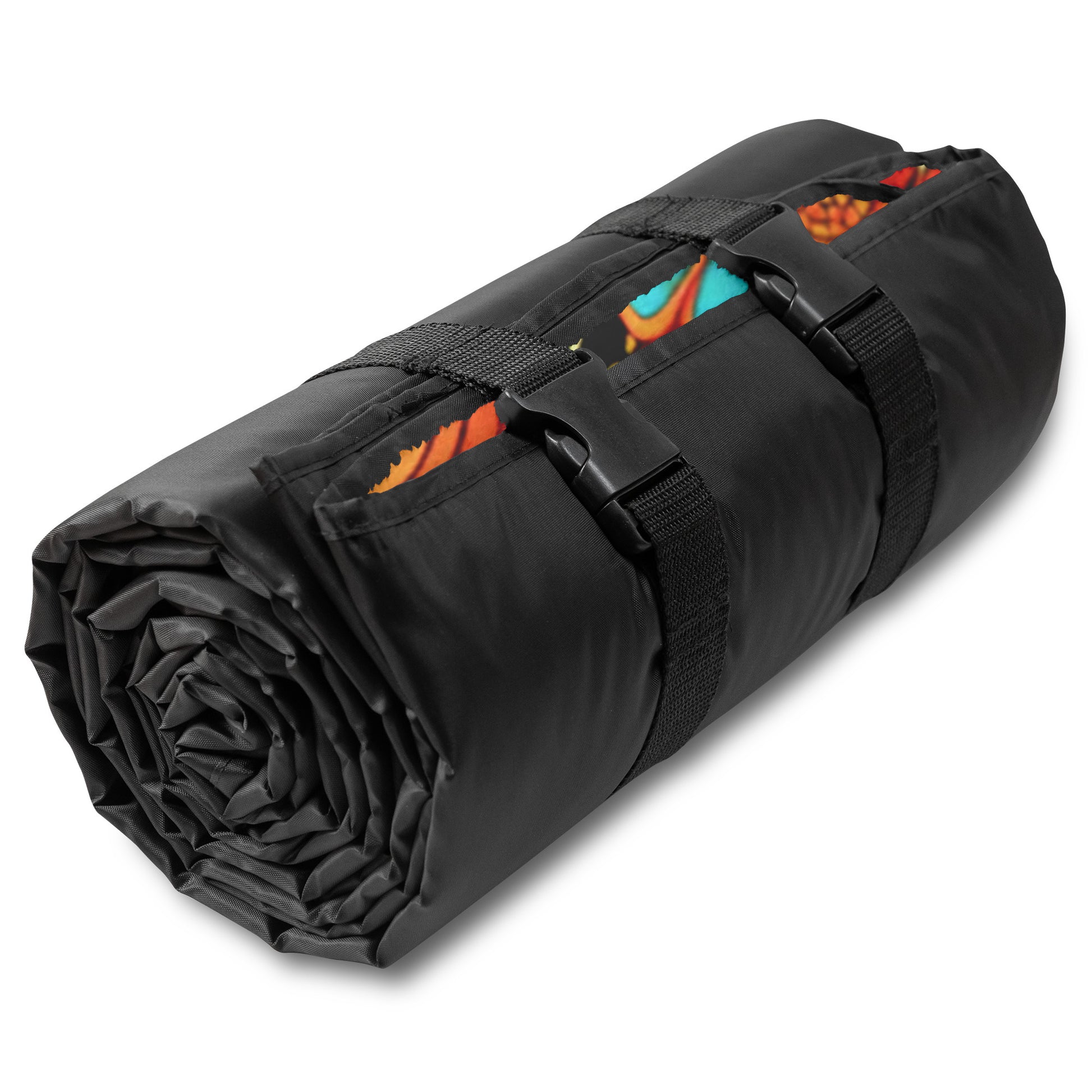 A rolled-up black water-resistant stadium blanket secured with two adjustable straps and plastic buckles. Bright colors like orange and teal peek from the inner layers, suggesting African-inspired patterns or a vibrant lining.